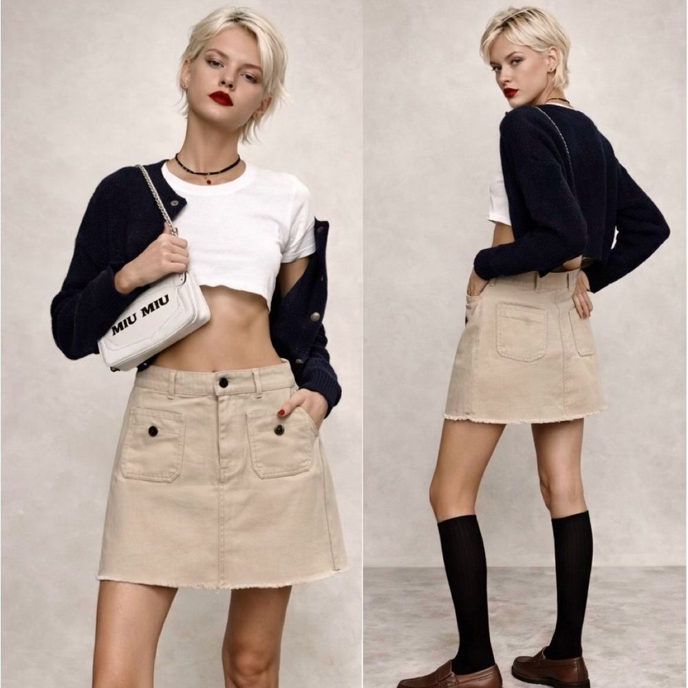Miu Miu Denim Logo Embroidered Mini Skirt
